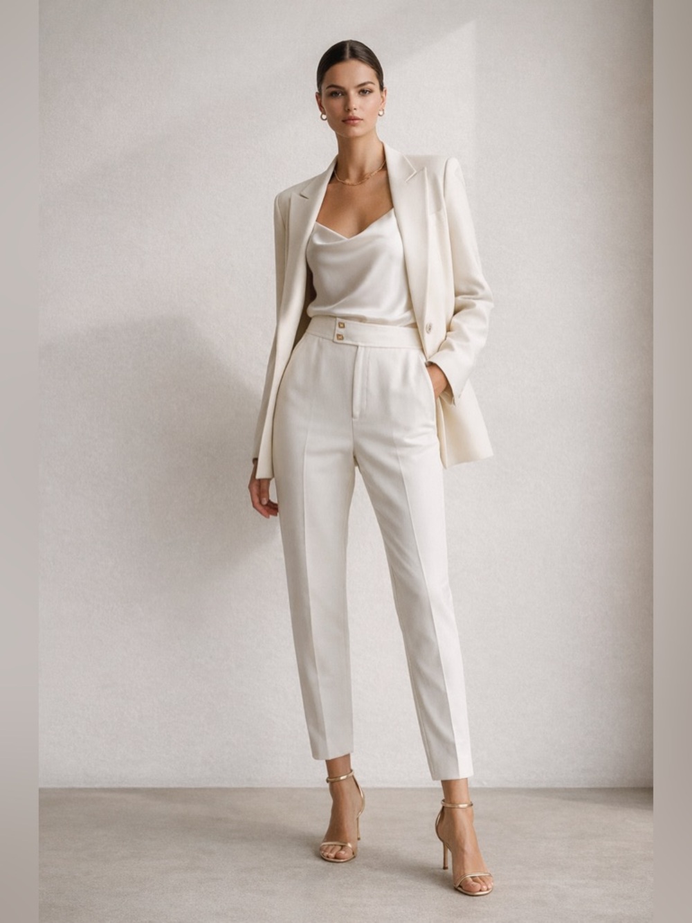 ZARA Ivory High Waist Tapered Trousers Gold Button Detail XS Chic